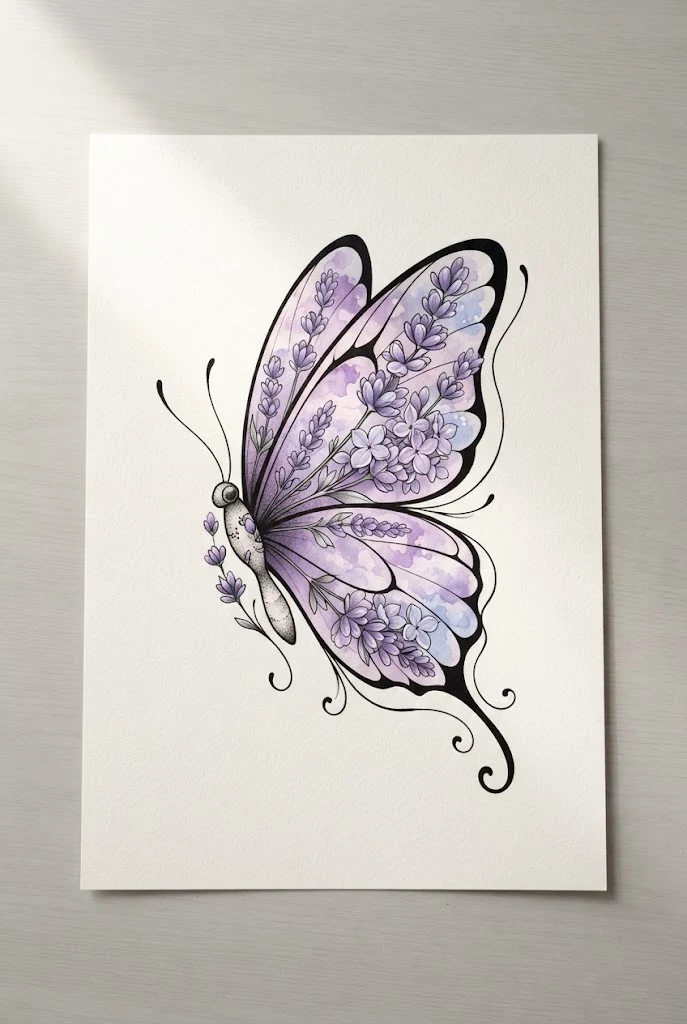Lavender and Soft Lilac Dream Ink — half flower half butterfly tattoo style outfit