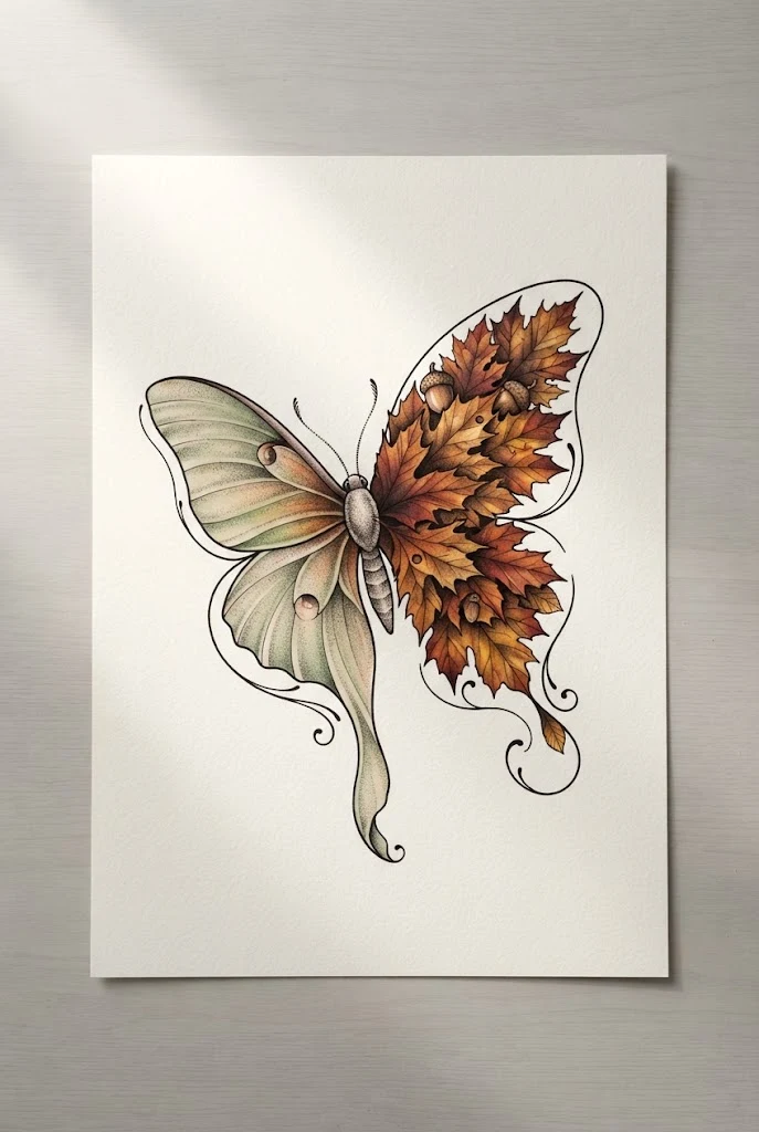 Autumn Maple Leaf and Moth Pairing — half flower half butterfly tattoo style outfit