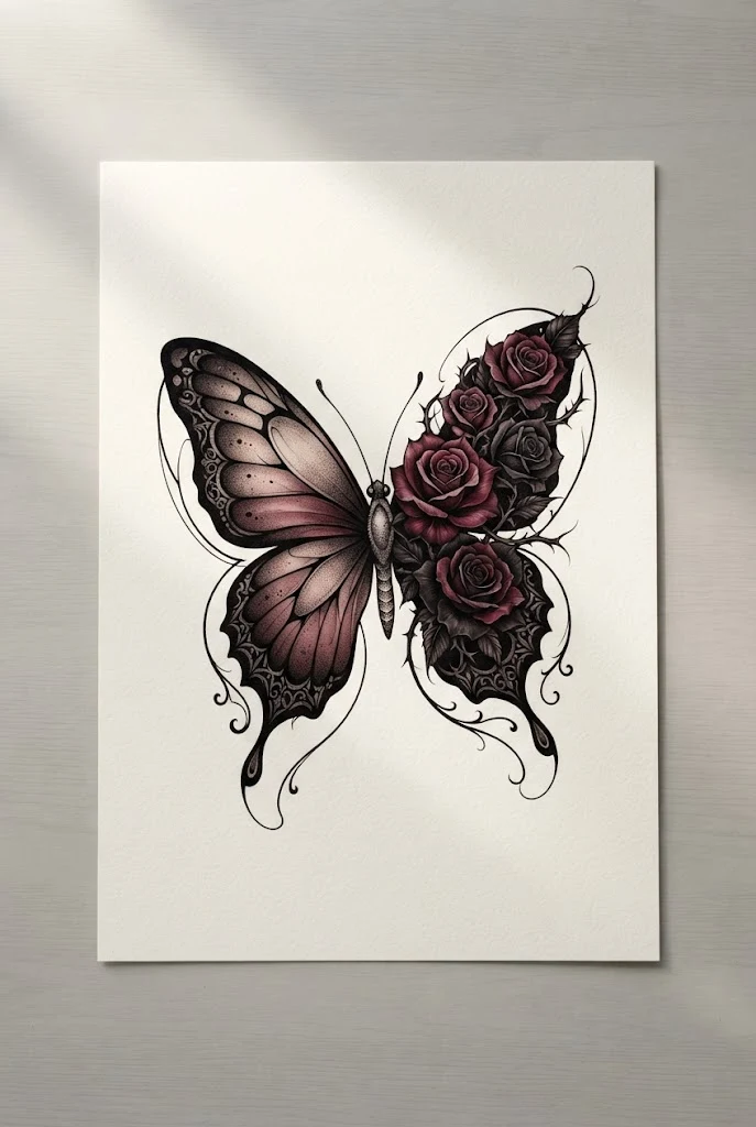 Gothic Rose and Dark Insect Fusion — half flower half butterfly tattoo style outfit