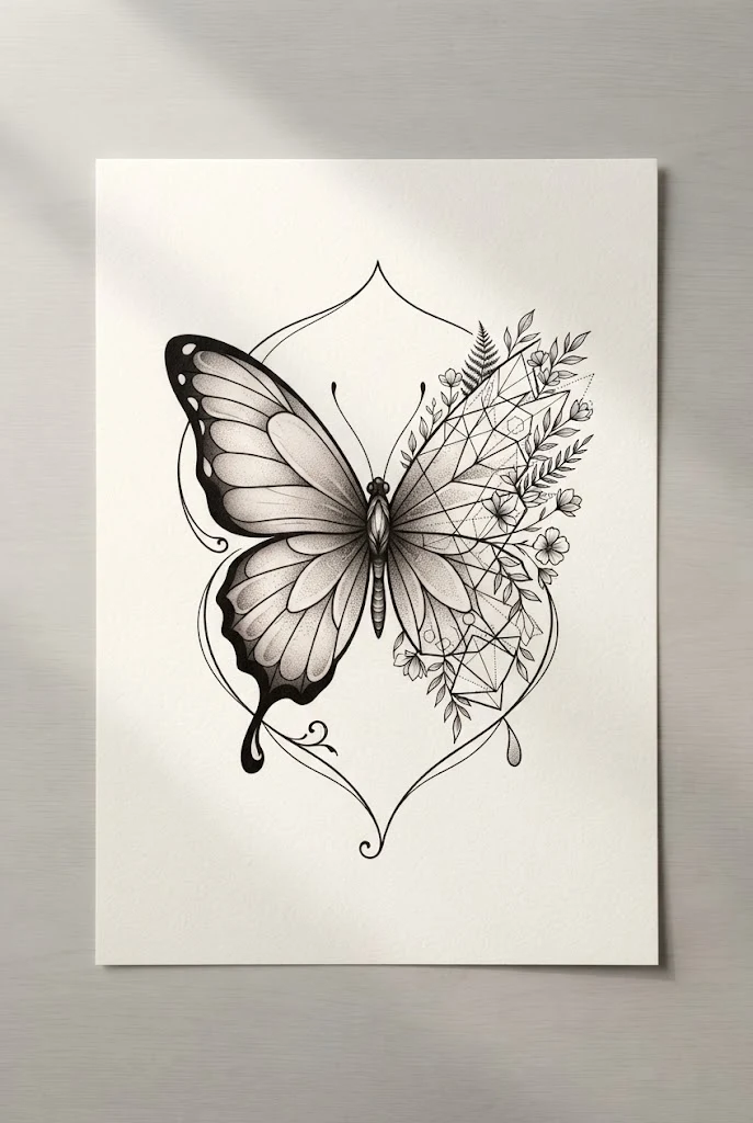 Geometric Botanical Wing Composition — half flower half butterfly tattoo style outfit