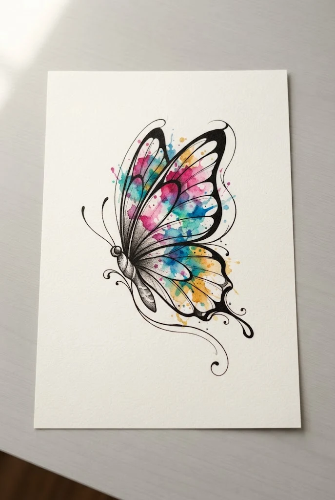 Vibrant Watercolor Splash Hybrid — half flower half butterfly tattoo style outfit