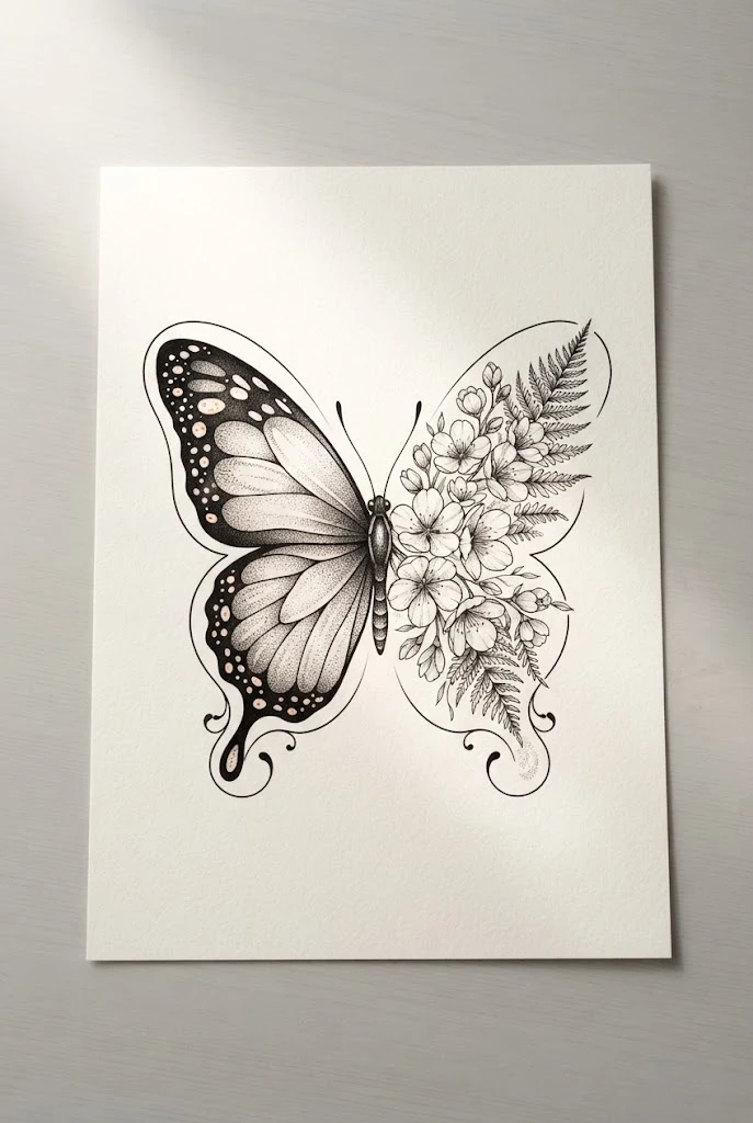 Stencil Sketch and Dotwork Masterpiece — half flower half butterfly tattoo style outfit