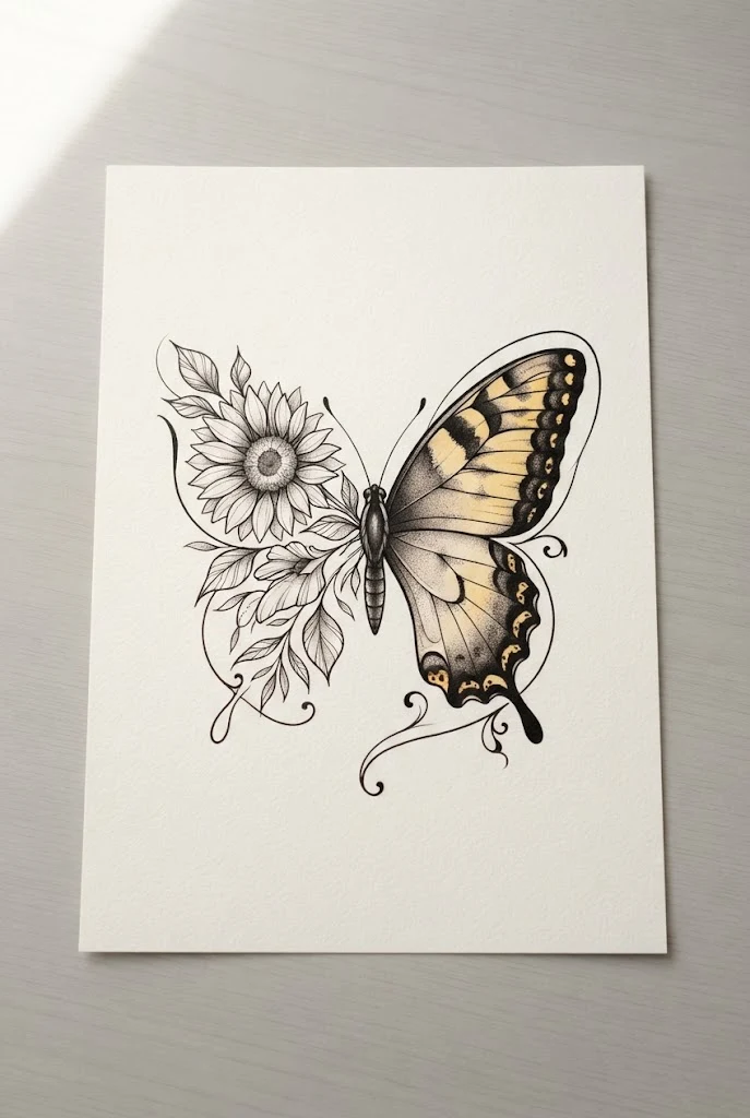 Sunflower and Swallowtail Harmony — half flower half butterfly tattoo style outfit