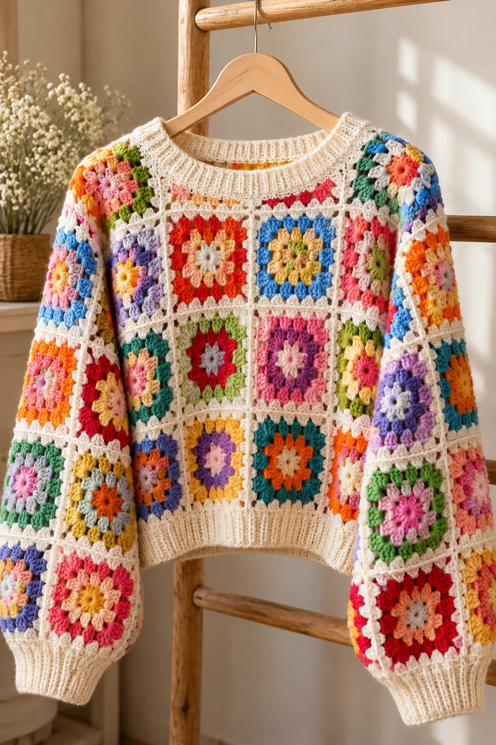 Colorful Granny Square Sweater — hand crochet sweater