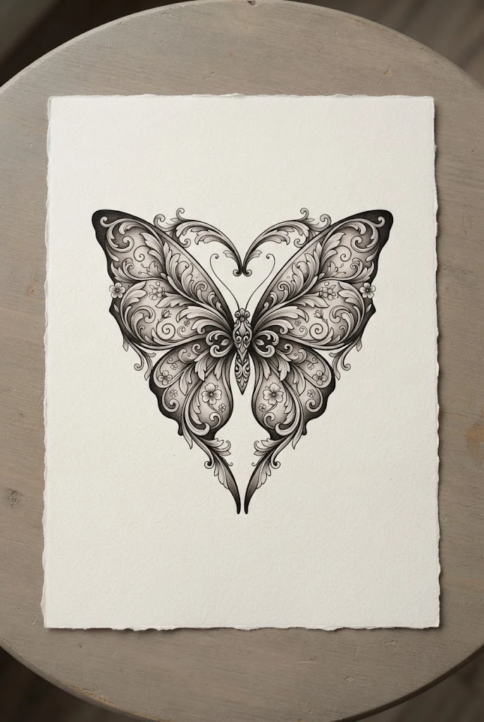 Black and Grey Shaded Heart Butterfly Tattoo — heart butterfly tattoo style outfit