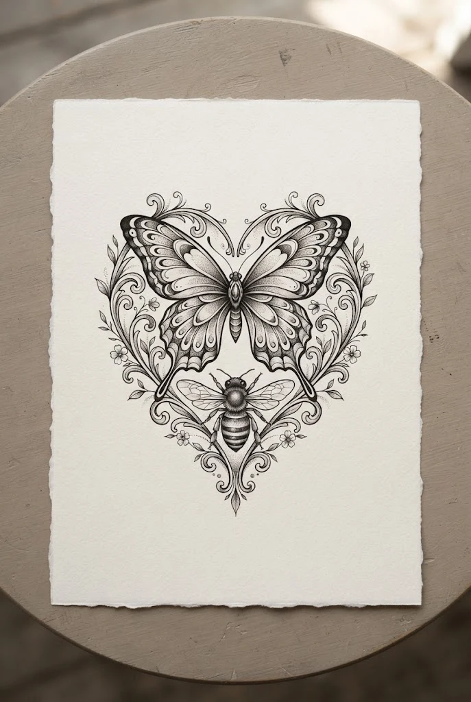 Dual Insect Companion Heart Layout — heart butterfly tattoo style outfit