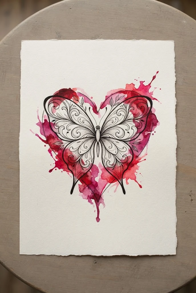 Watercolor Splash Crimson Accent — heart butterfly tattoo style outfit