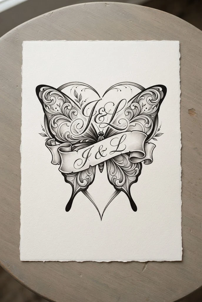 Cursive Banner Rib Monogram — heart butterfly tattoo style outfit
