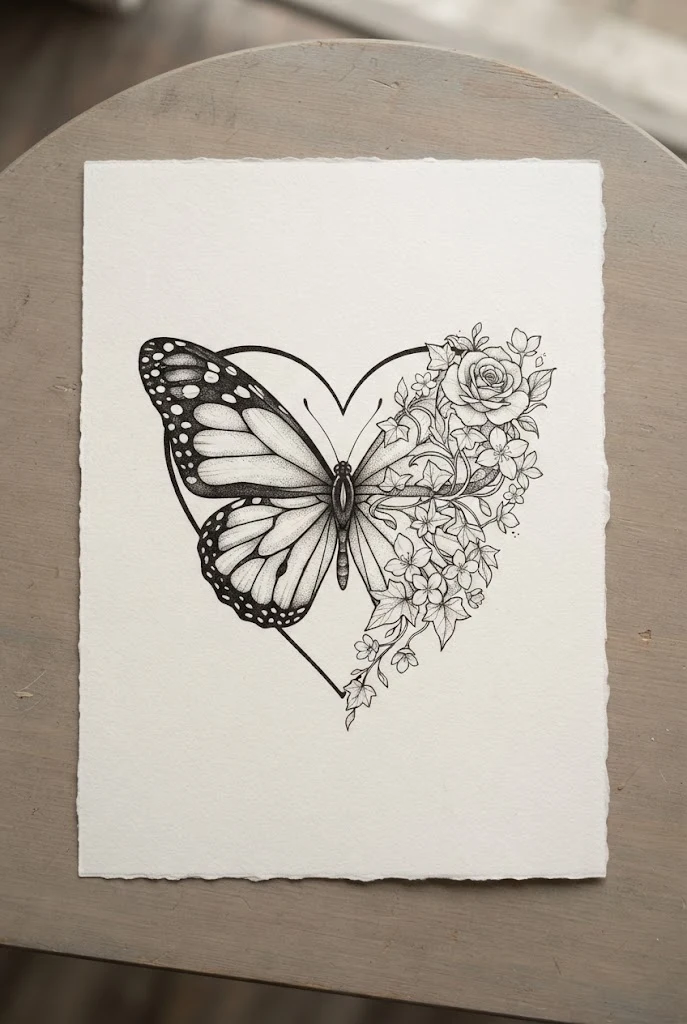 Half-And-Half Split Floral Heart Morph — heart butterfly tattoo style outfit
