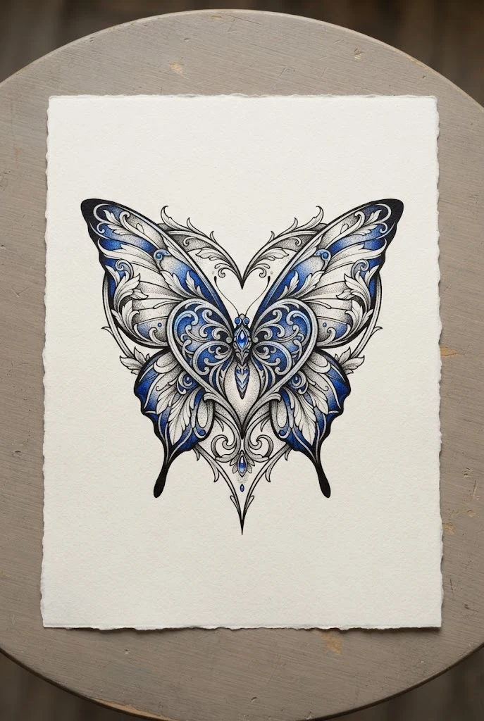 Sapphire Blue and Silver Heart Concept — heart butterfly tattoo style outfit