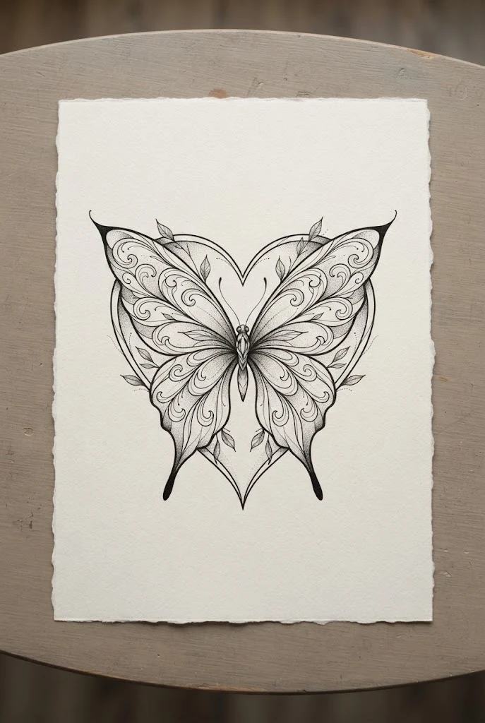 Symmetrical Wing Spread with Center Heart — heart butterfly tattoo style outfit