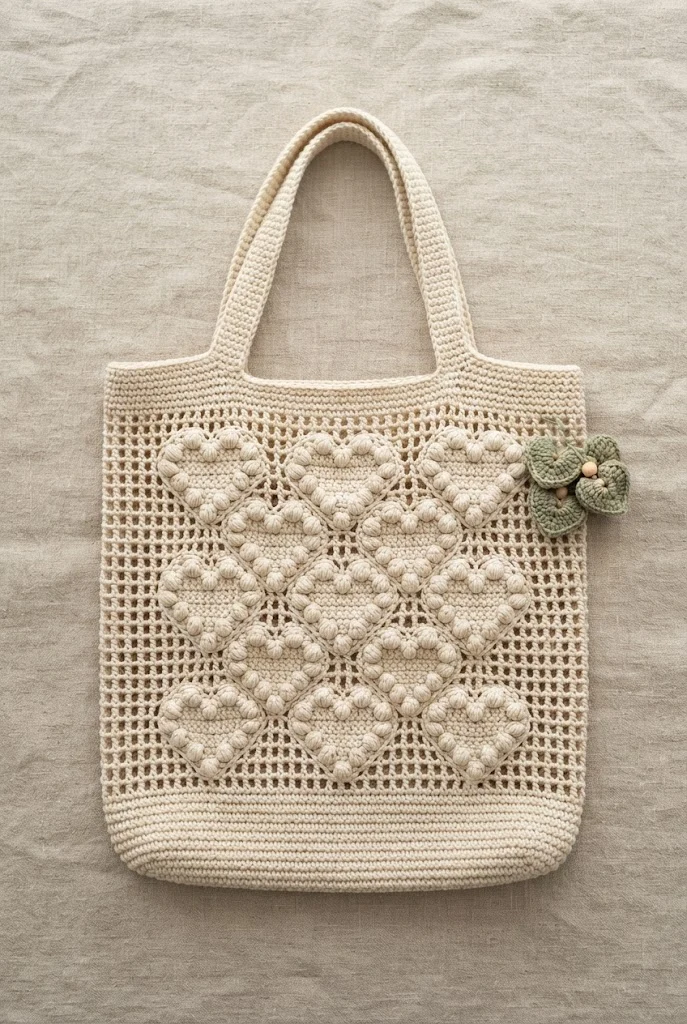 Raised Bobble Heart Market Bag — heart tote bag crochet