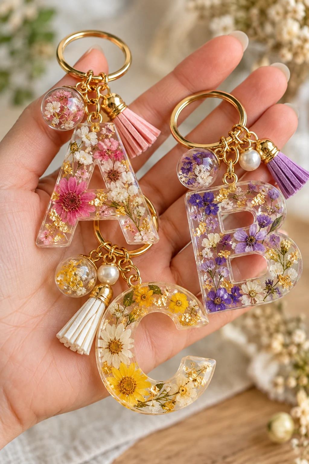 Resin Initial Keychains With Dried Flowers — homemade keychains diy how to make style outfit