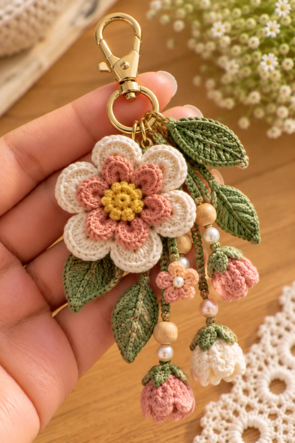 Boho Flower Charm With Leaf Details — how to crochet a flower charm style outfit