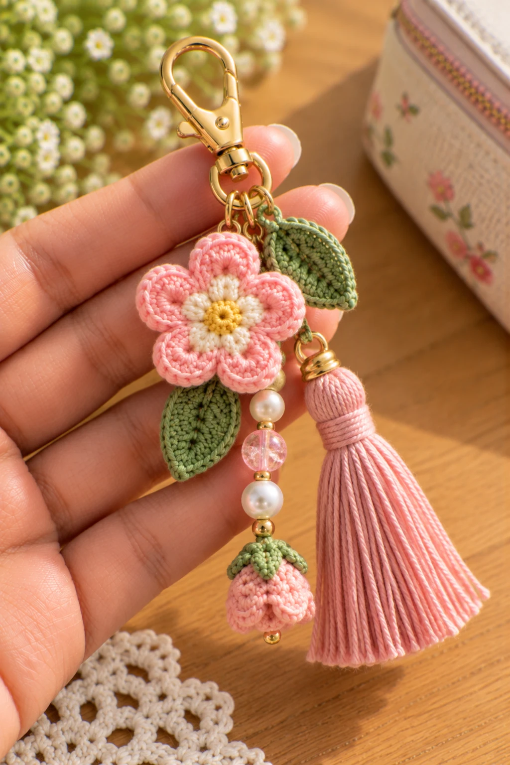 Mini Flower Charm With a Tassel — how to crochet a flower charm style outfit