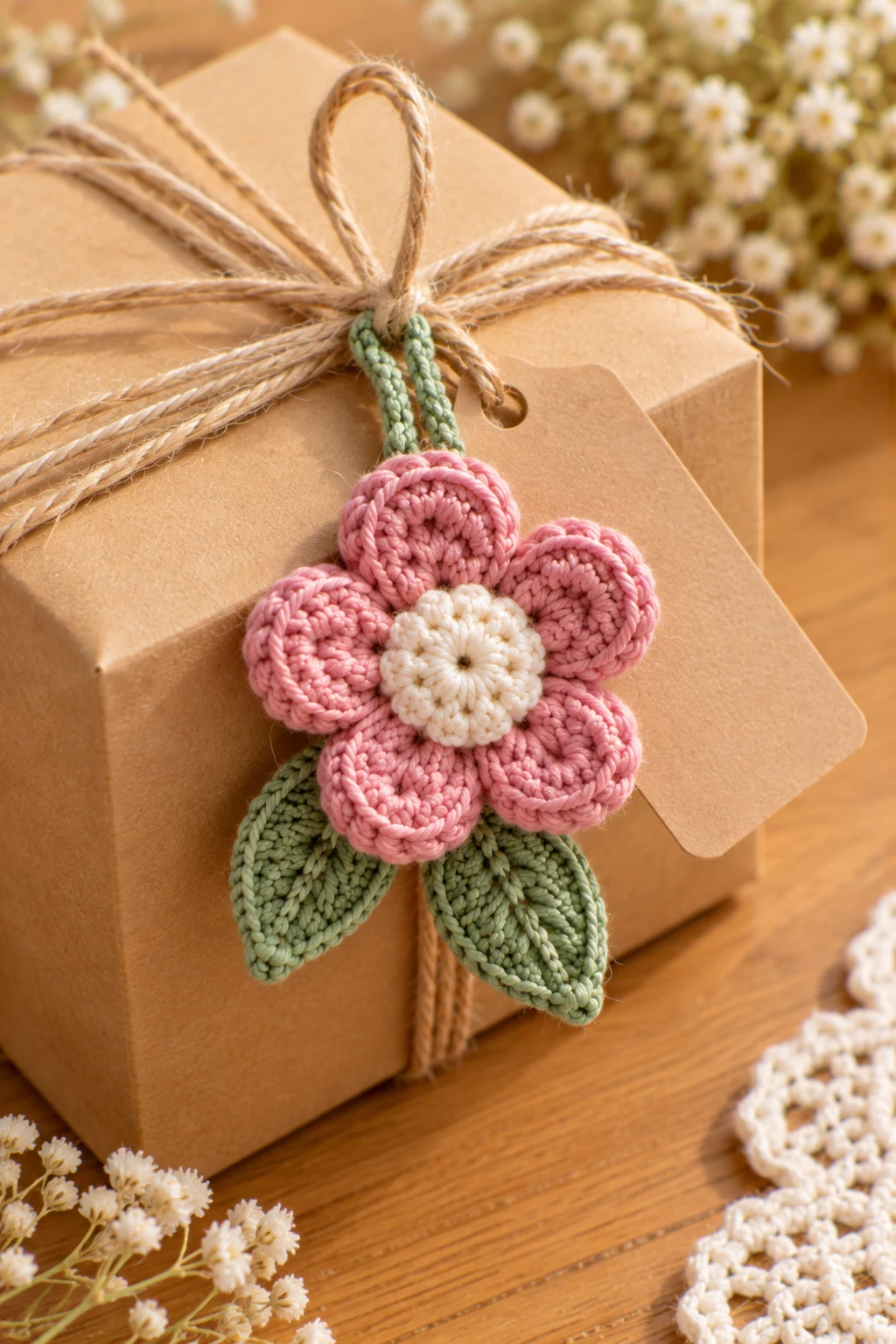 Mini Flower Gift-Tag Embellishment — how to crochet a flower charm style outfit