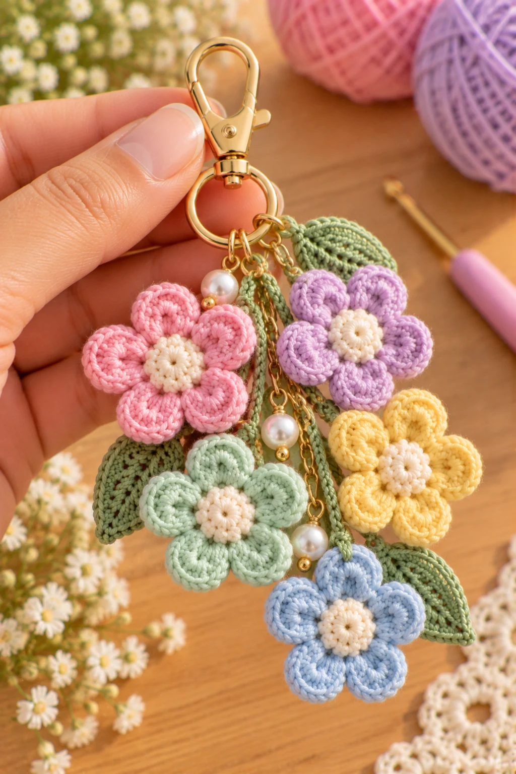 Pastel Mini Flower Keychain — how to crochet a flower charm style outfit