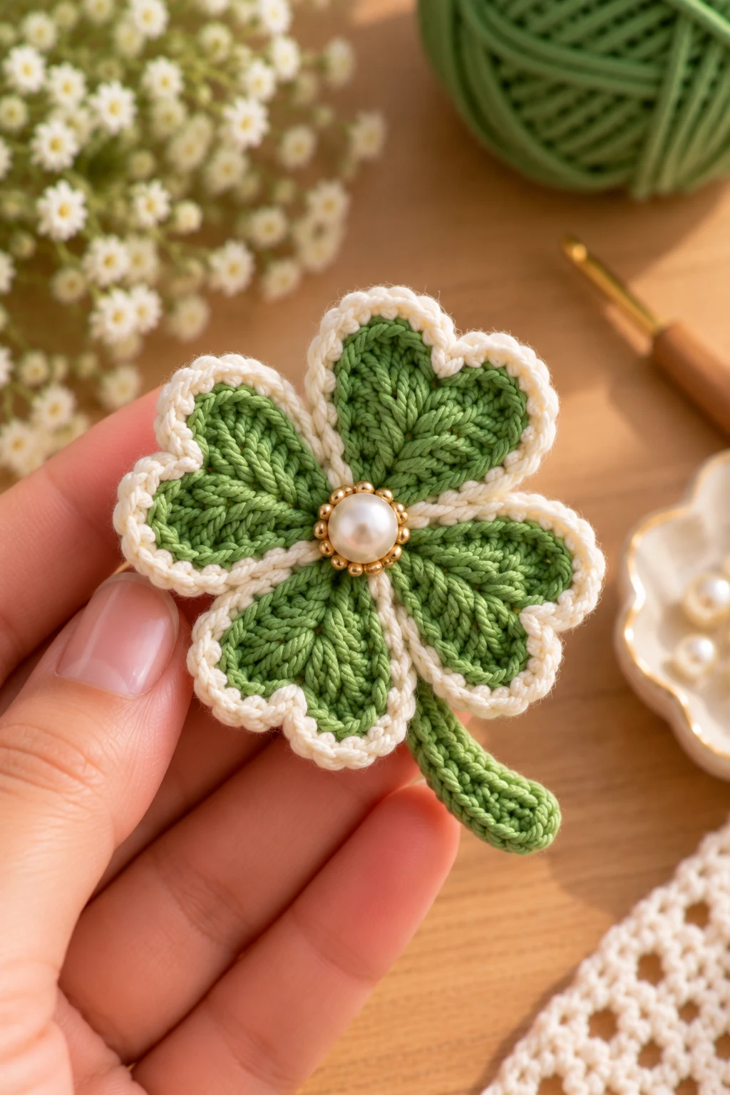 Clover With a Pearl Center — how to make crochet clovers style outfit