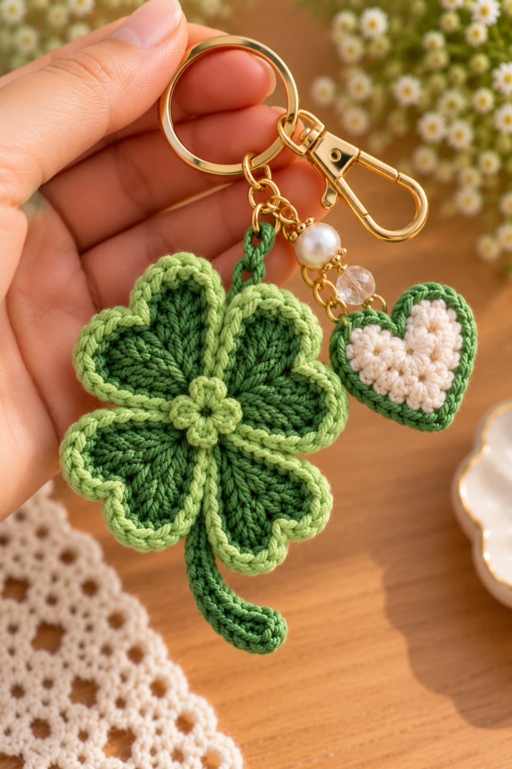 Clover-and-Heart Keychain — how to make crochet clovers style outfit