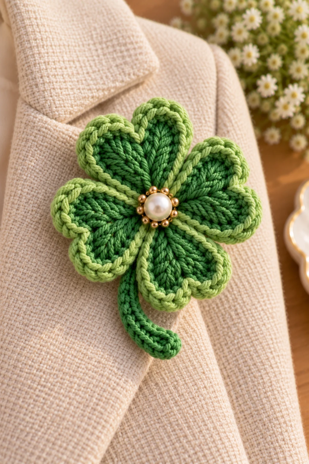 Crochet Clover Brooch — how to make crochet clovers style outfit