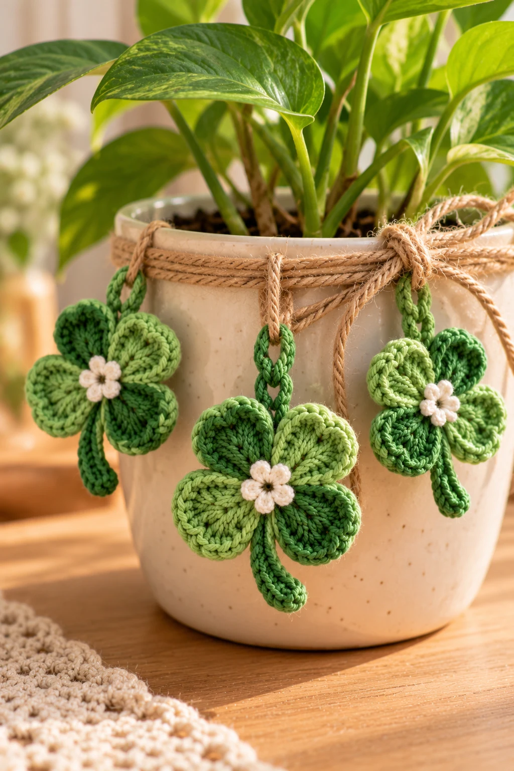 Mini Clover Plant Pot Decoration — how to make crochet clovers style outfit