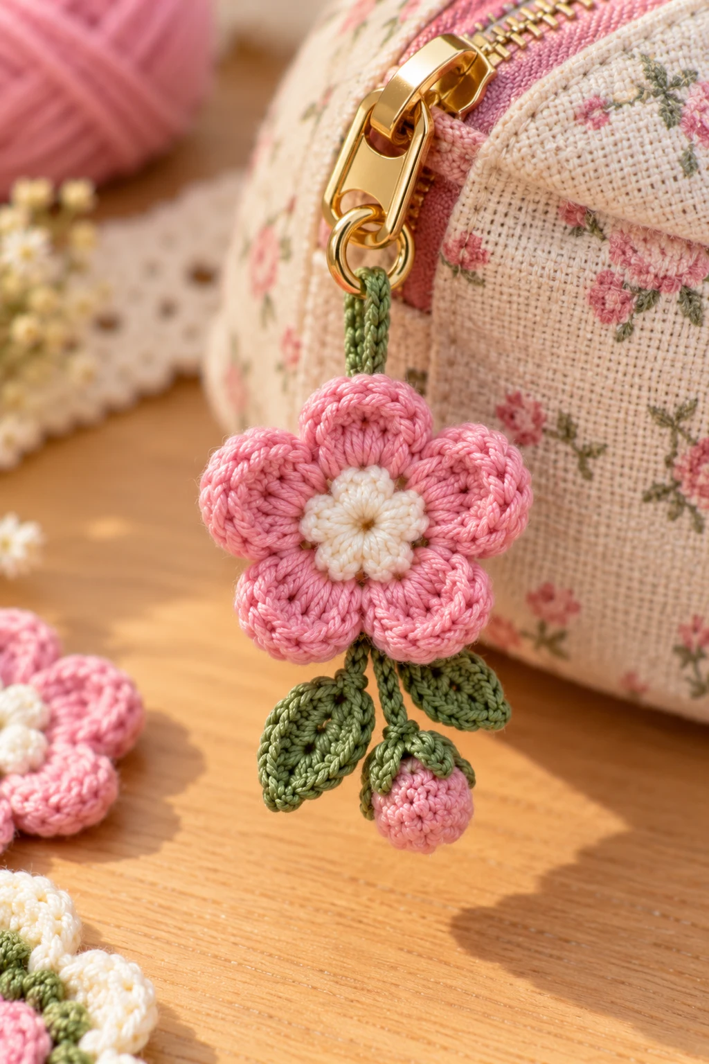 Tiny Flower Zipper Pull — how to make crochet flower charms style outfit