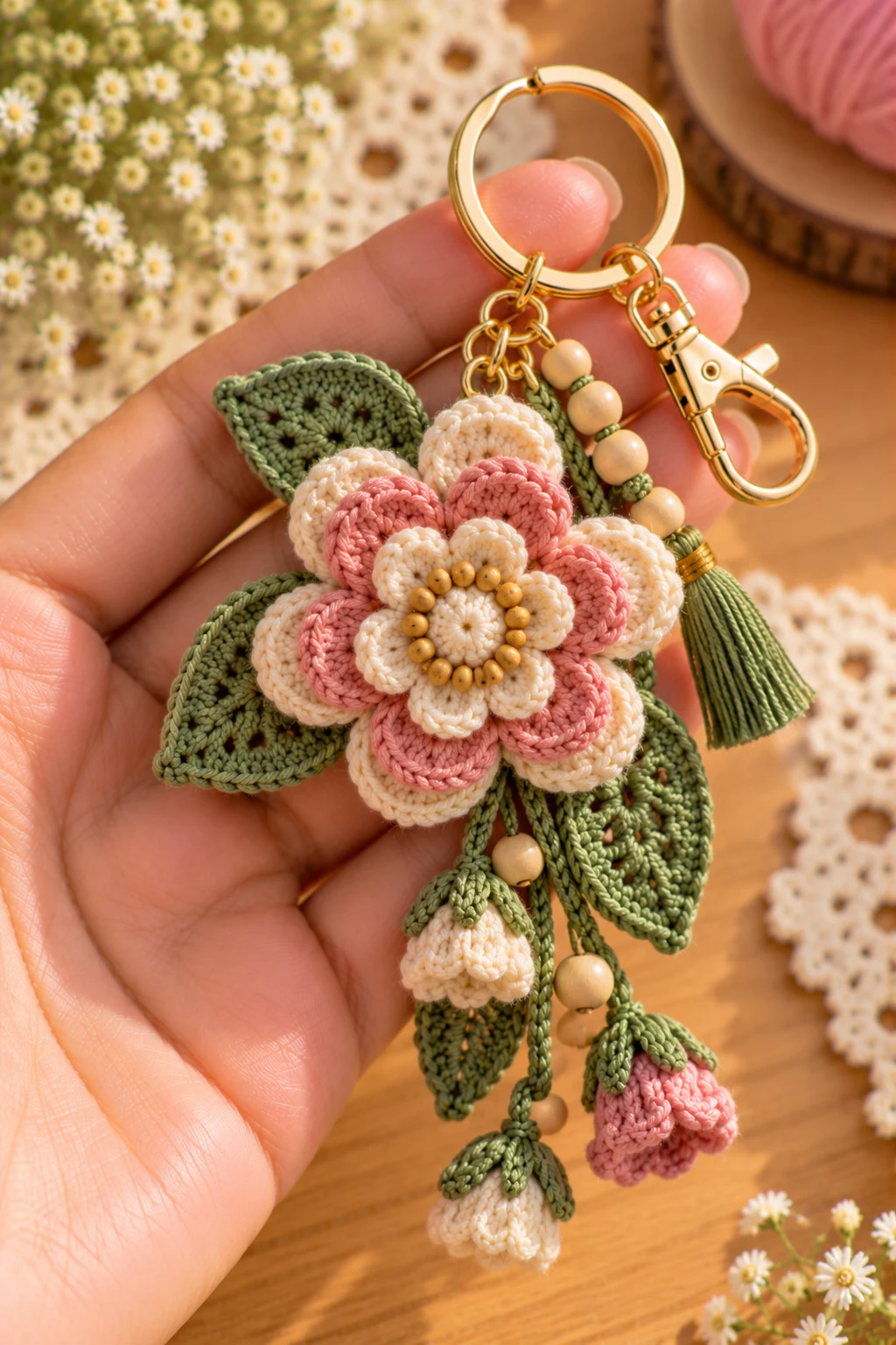 Boho Flower Charm With Leaf Details — how to make crochet flower charms style outfit