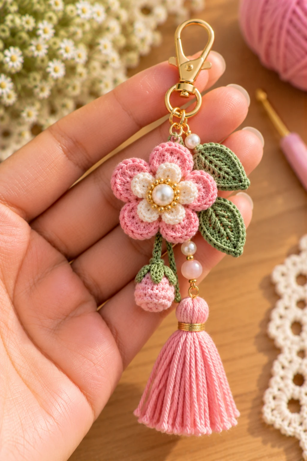 Mini Flower Charm With a Tassel — how to make crochet flower charms style outfit
