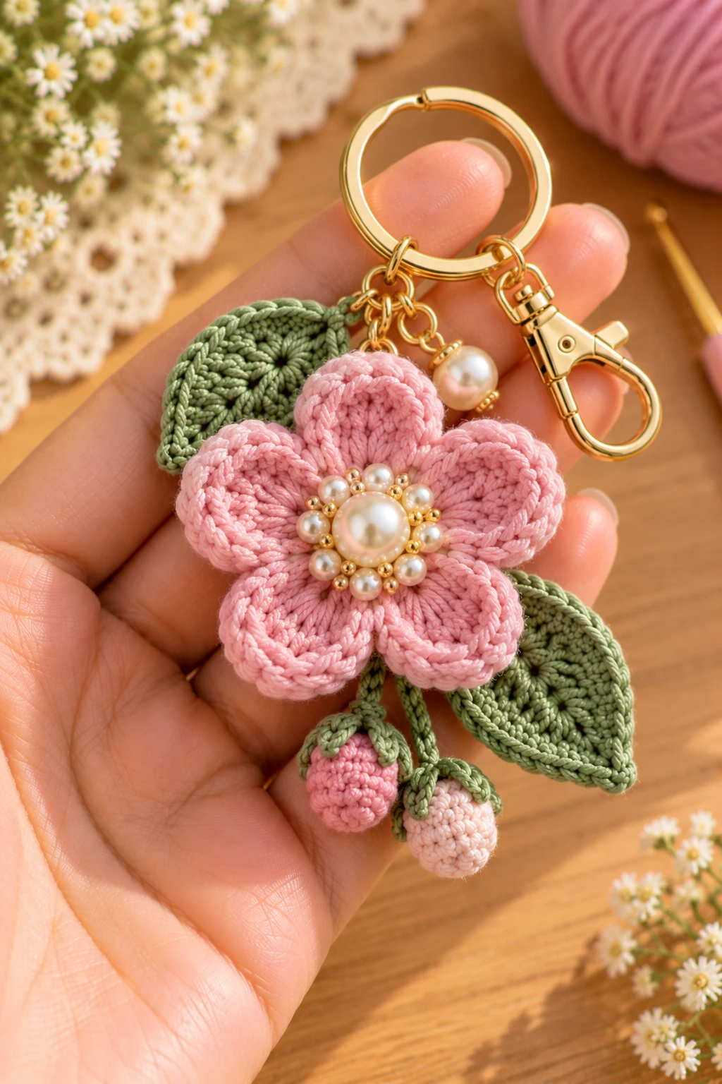 Crochet Flower Charm With a Pearl Center — how to make crochet flower charms style outfit