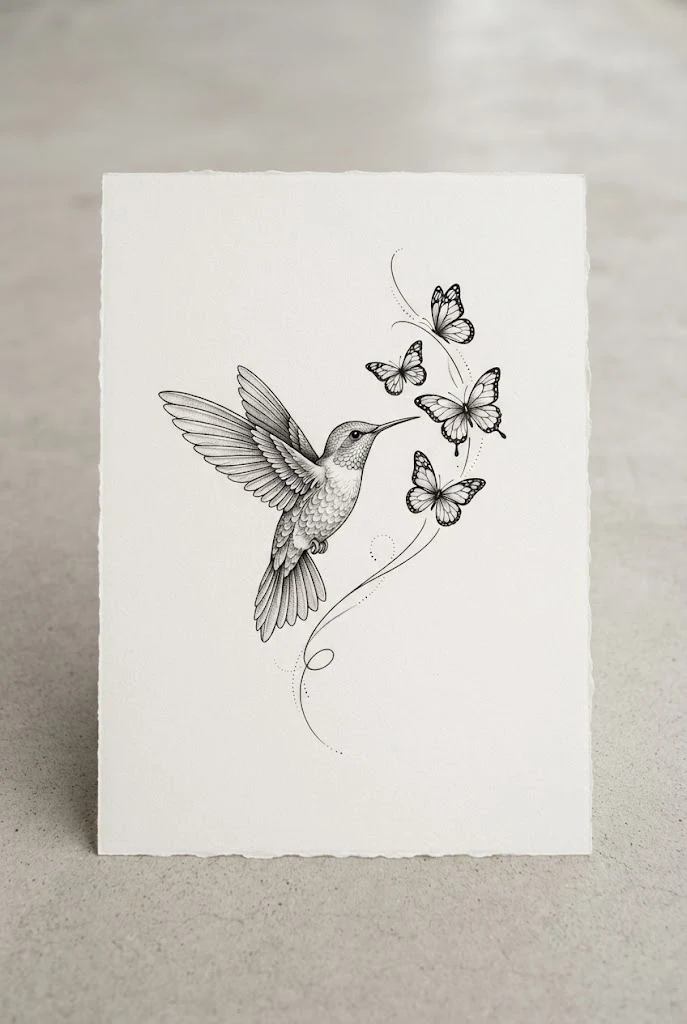 Fine-Line Detailed Hummingbird and Butterfly Tattoo Design — hummingbird and butterfly tattoo style outfit