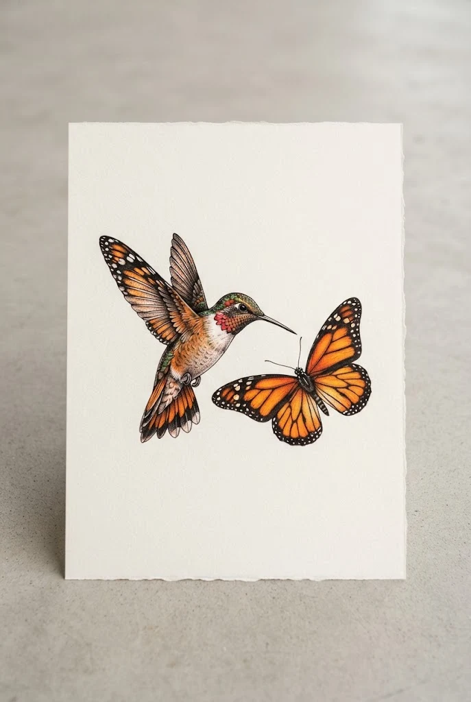 Vibrant Monarch Hummingbird and Monarch Butterfly Tattoo — hummingbird and butterfly tattoo style outfit