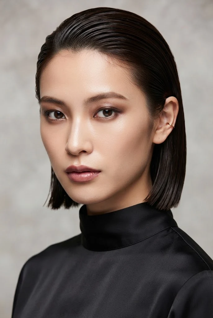 The Wet-Look Slicked Short Bob — Japanese short hair hairstyles style outfit