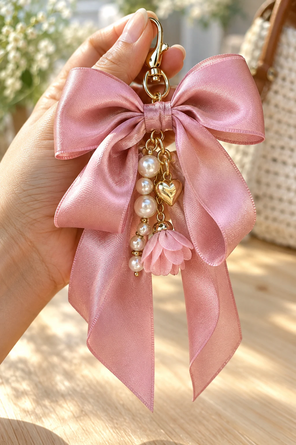 Satin Ribbon Bow Bag Charm — keychain for bag style outfit