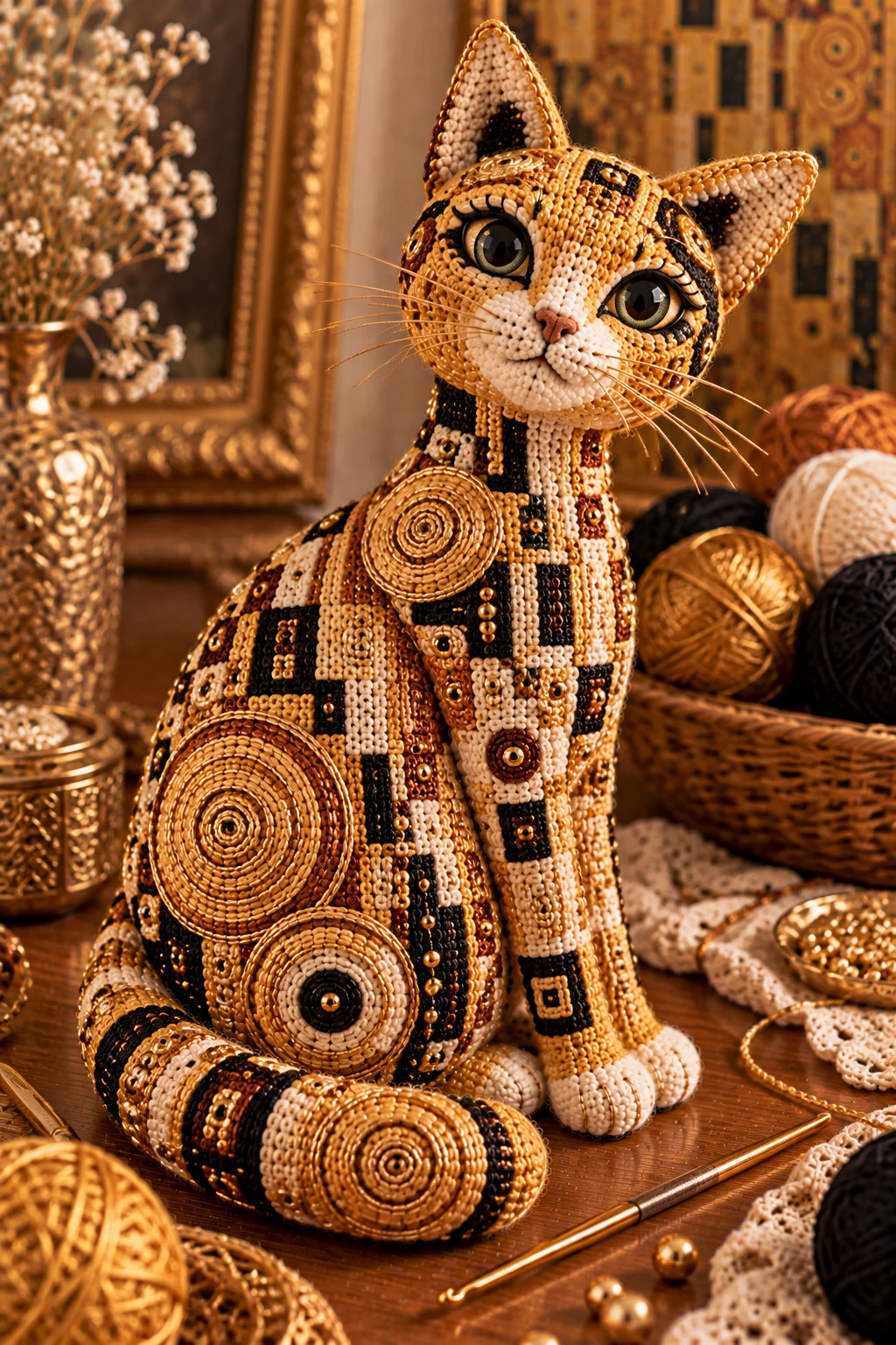 Klimt Crochet Cat With Metallic Gold Thread — klimt crochet cat style outfit