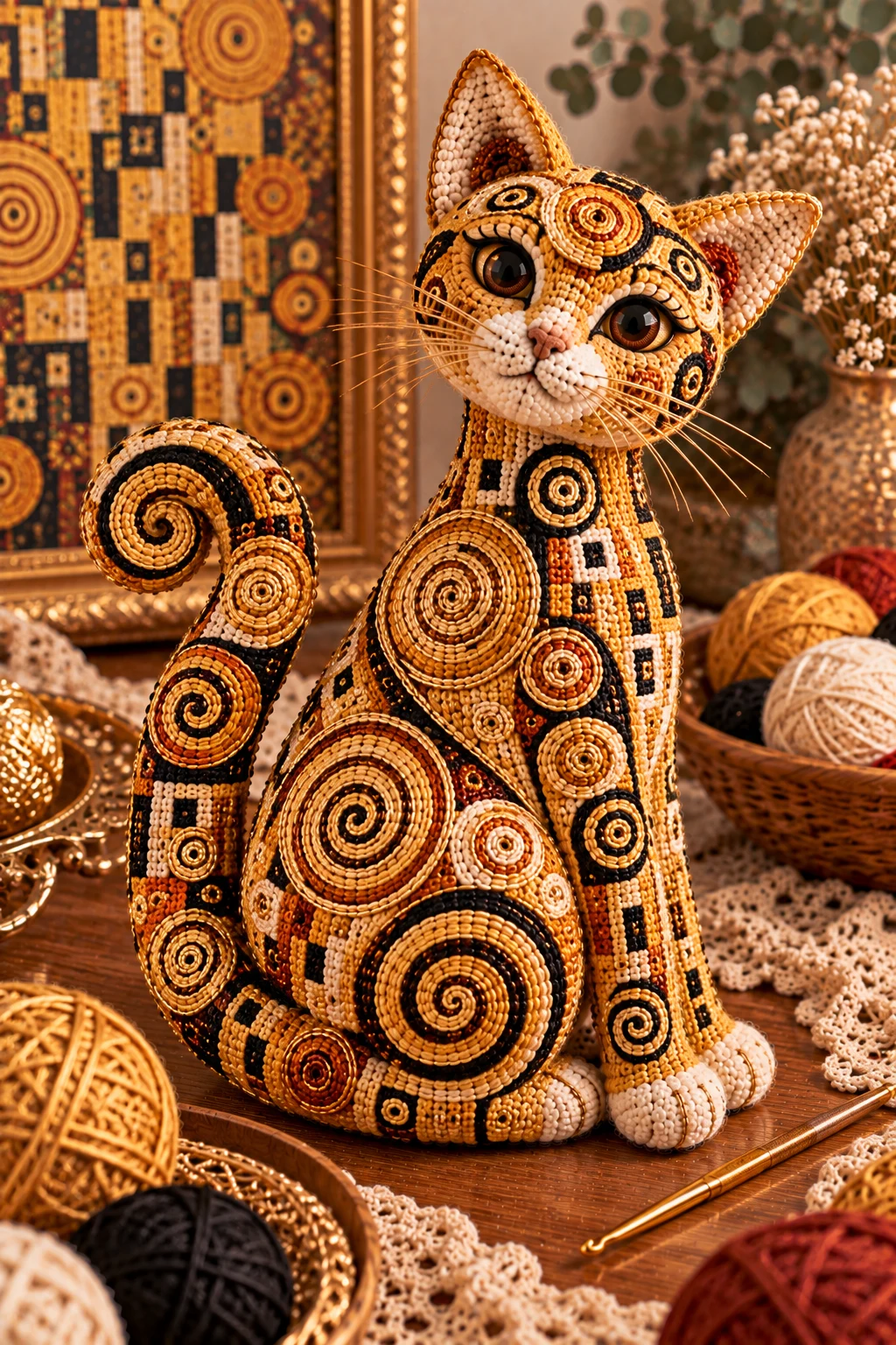 Klimt Crochet Cat With Spiral Motifs — klimt crochet cat style outfit