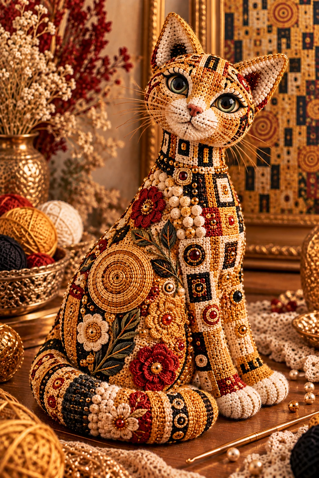 Luxury Klimt Crochet Cat With Mixed Textures — klimt crochet cat style outfit