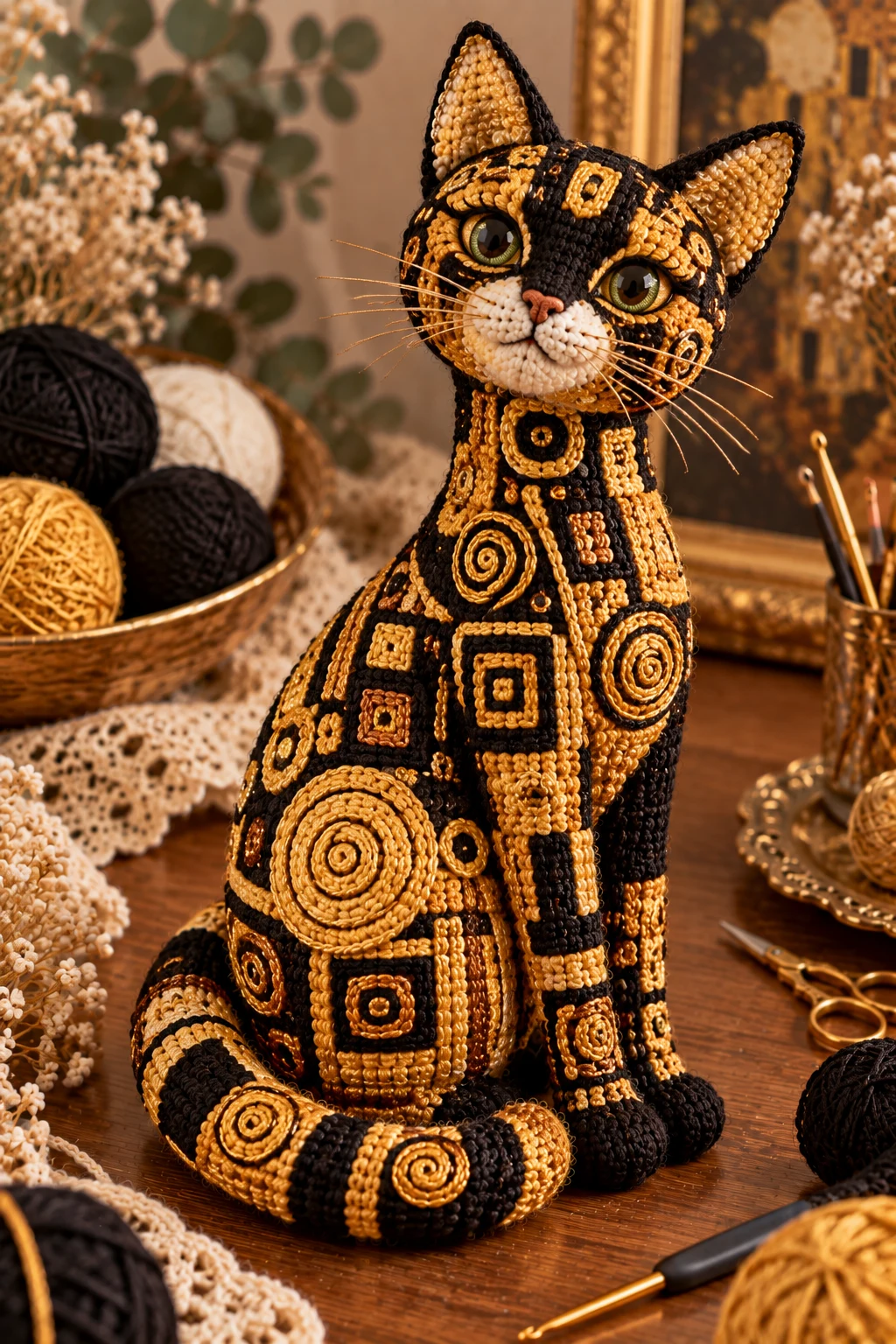 Klimt Crochet Cat in a Gold-and-Black Palette — klimt crochet cat style outfit