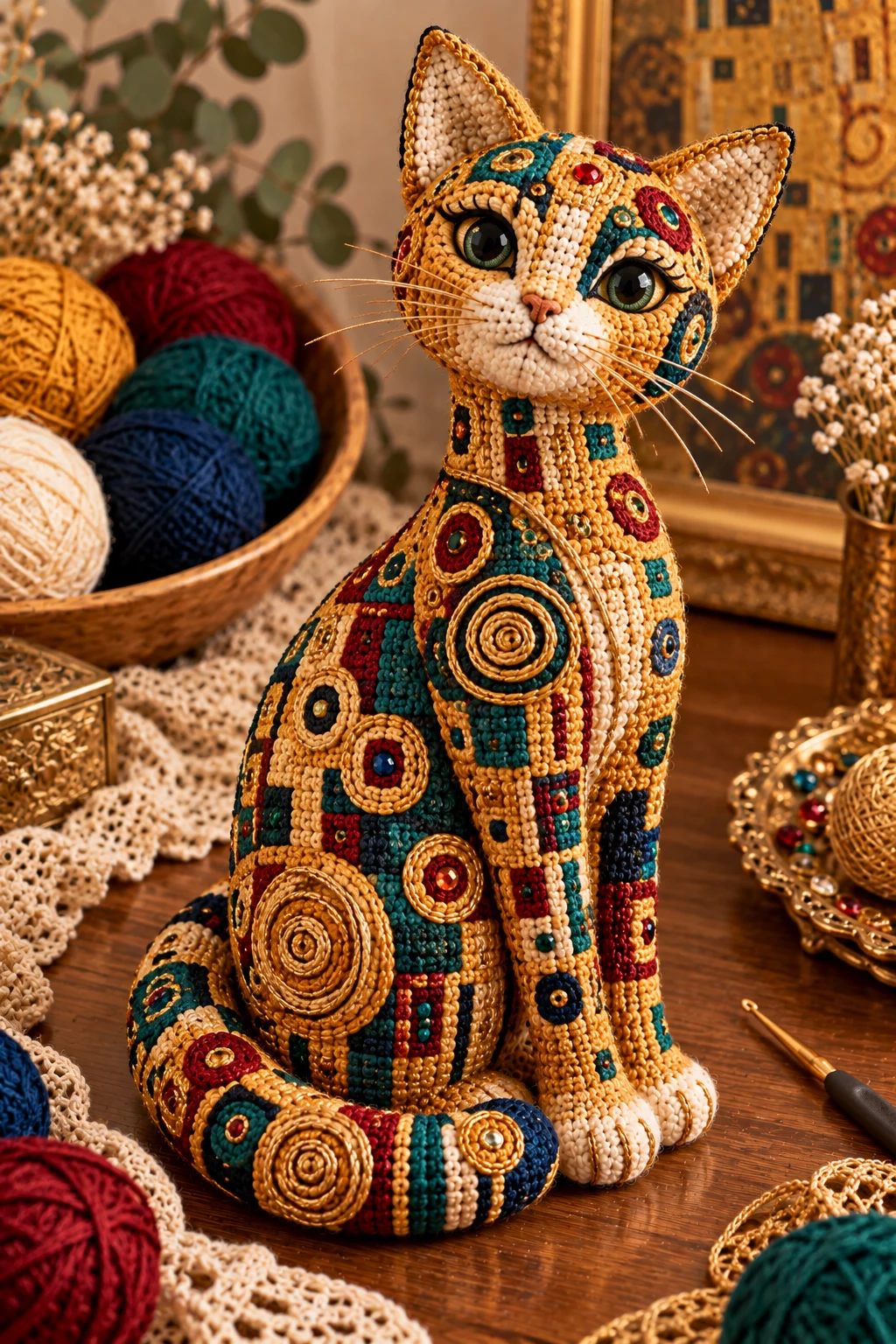 Klimt Crochet Cat With Jewel-Tone Details — klimt crochet cat style outfit