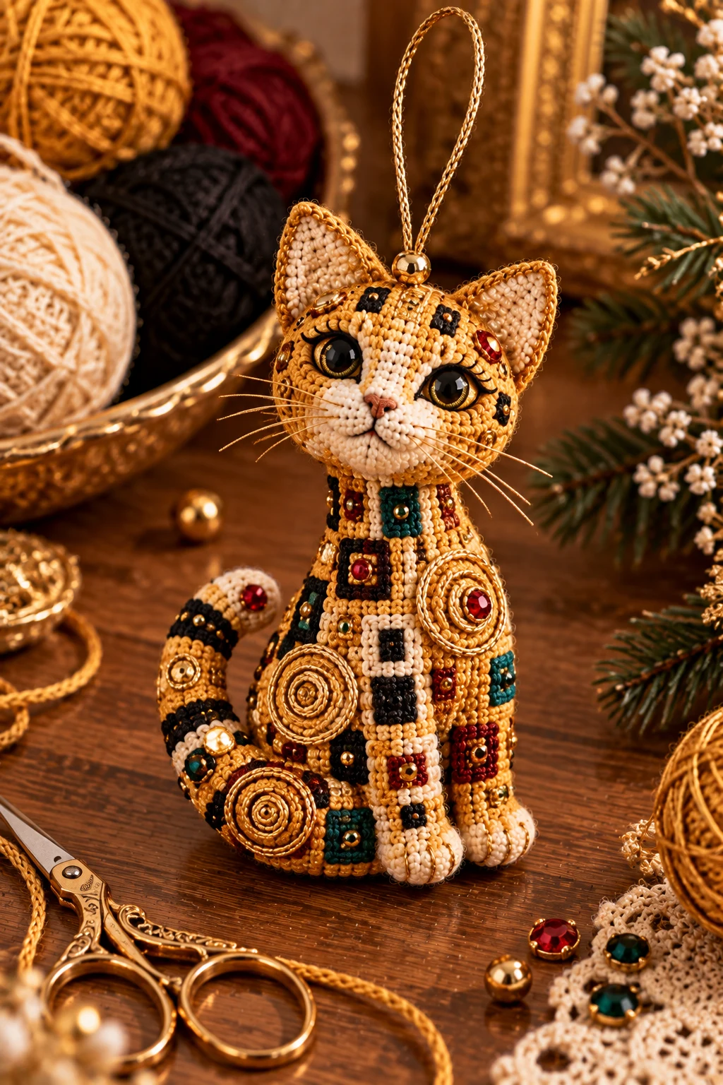 Mini Klimt Crochet Cat Ornament — klimt crochet cat style outfit
