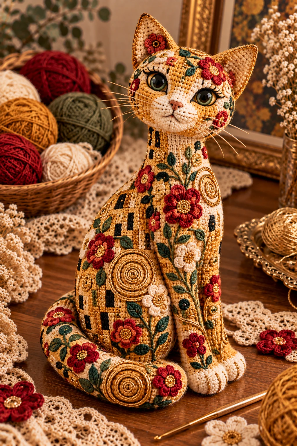 Klimt Crochet Cat With Floral Motifs — klimt crochet cat style outfit