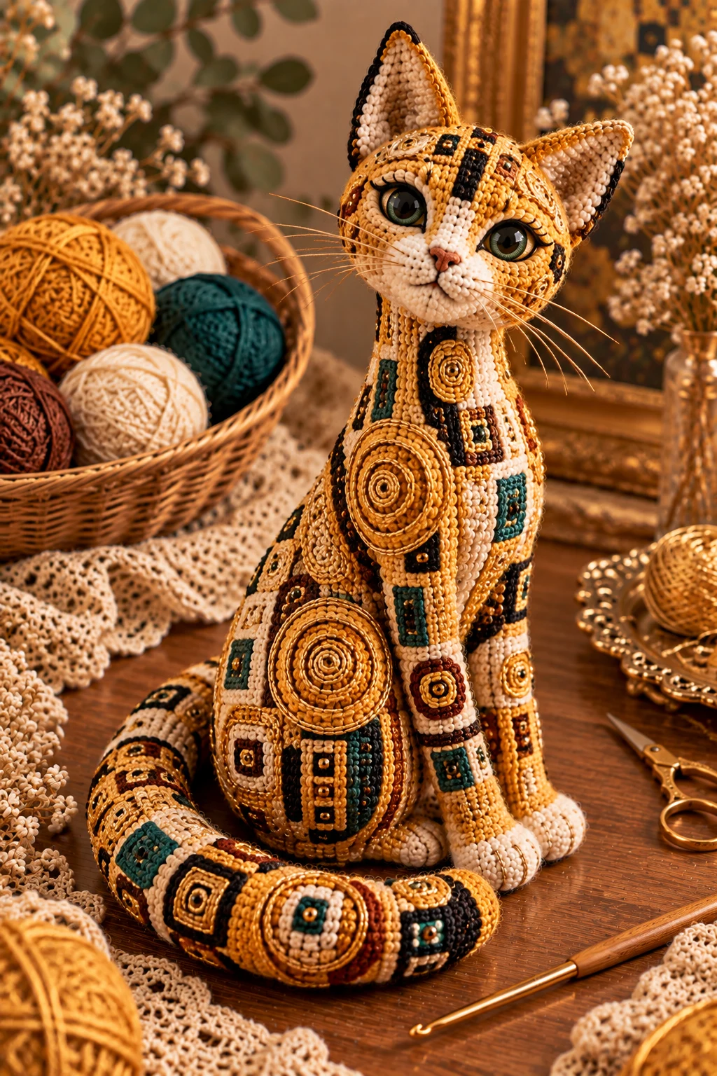Sitting Klimt Crochet Cat With Long Tail — klimt crochet cat style outfit