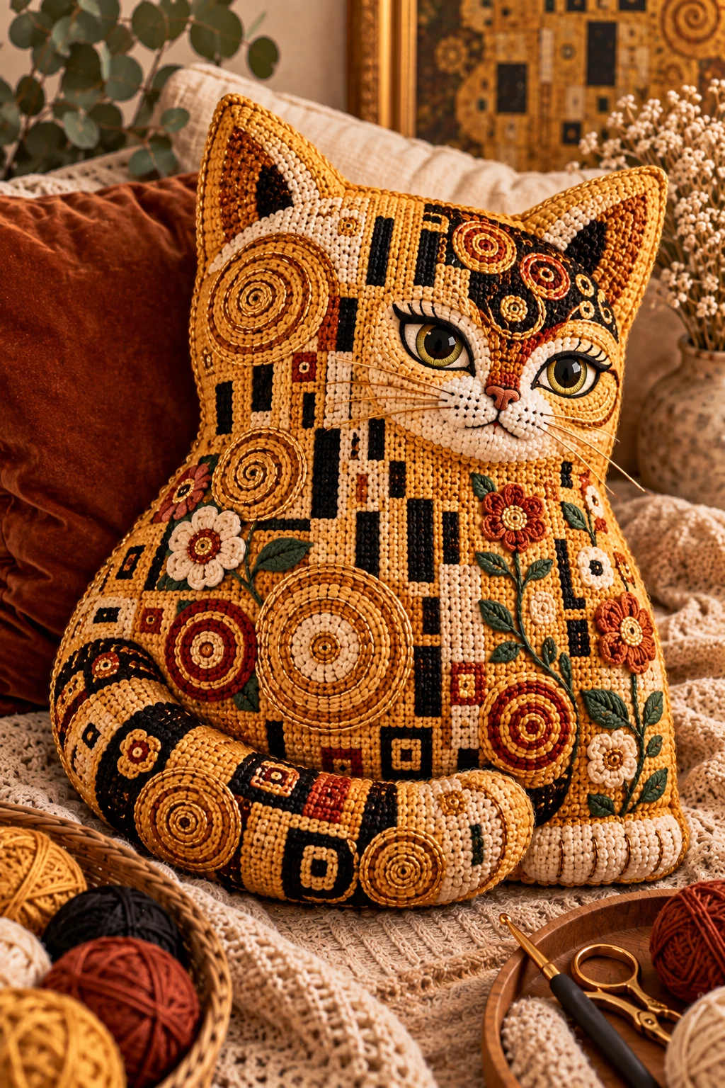 Klimt Crochet Cat Pillow — klimt crochet cat style outfit
