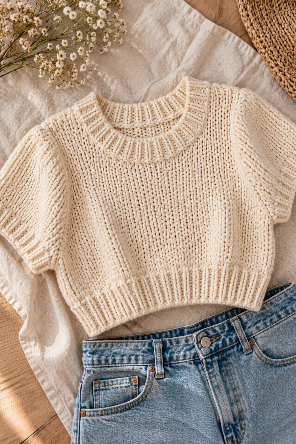 Cropped Knit Top With High-Waisted Jeans — knitted clothes aesthetic