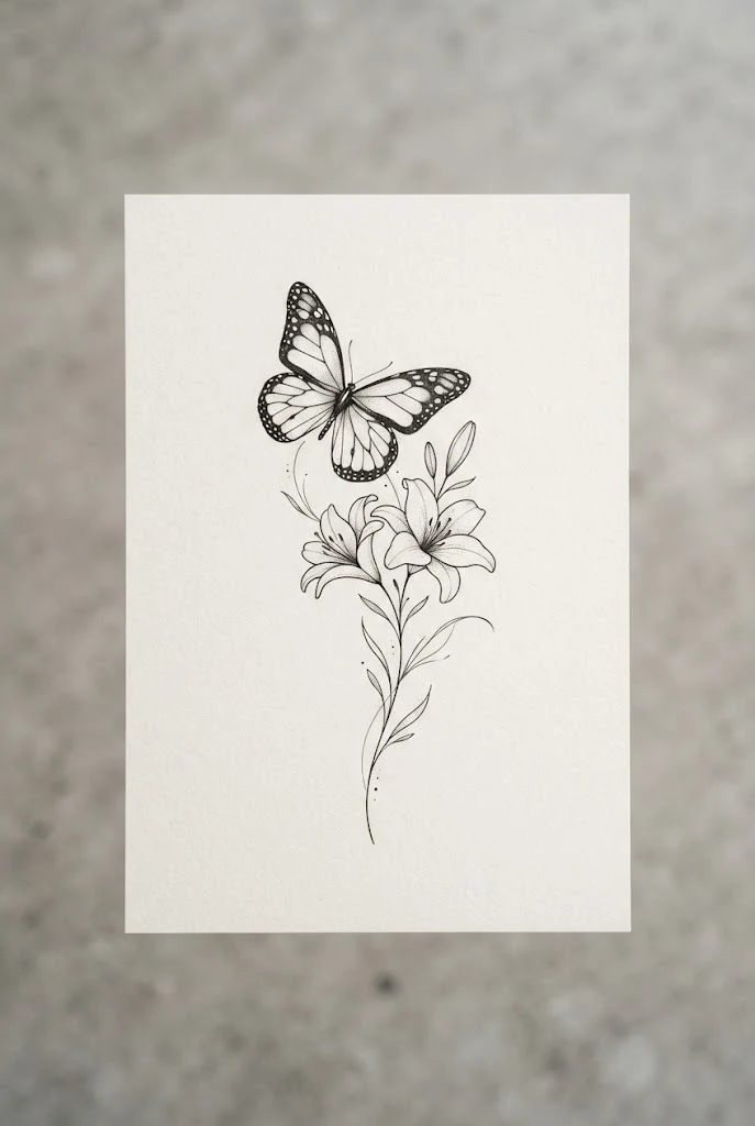 Minimalist Fine-Line Lily and Butterfly Tattoo — lily and butterfly tattoo style outfit