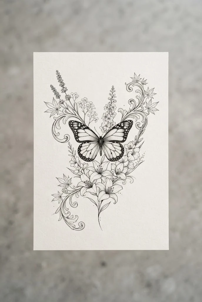 Custom Birthflower Integration — lily and butterfly tattoo style outfit