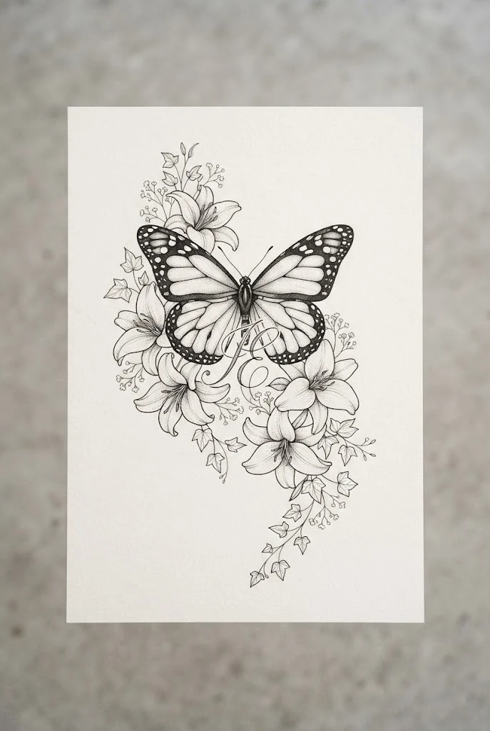 Hidden Initial Monogram — lily and butterfly tattoo style outfit