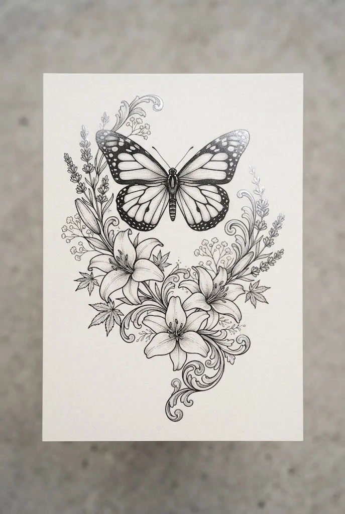 Metallic Silver-Ink Highlight — lily and butterfly tattoo style outfit