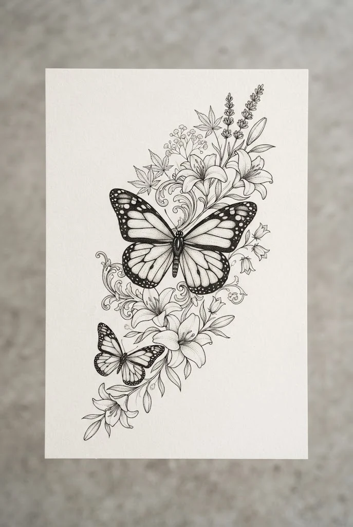 Botanical Sleeve Composition — lily and butterfly tattoo style outfit