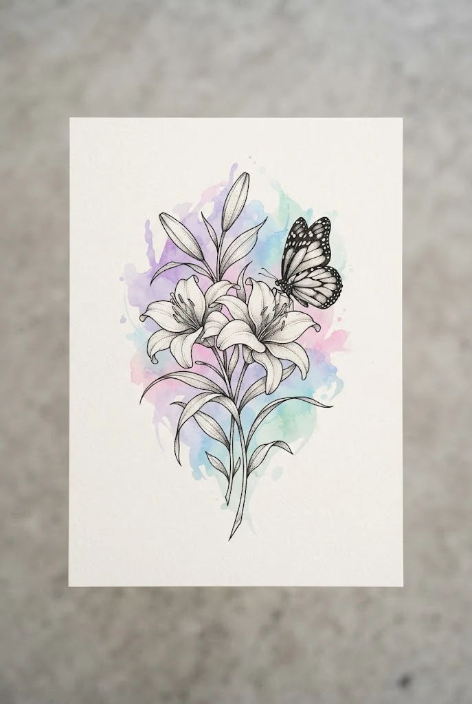 Watercolor Splash Background — lily and butterfly tattoo style outfit