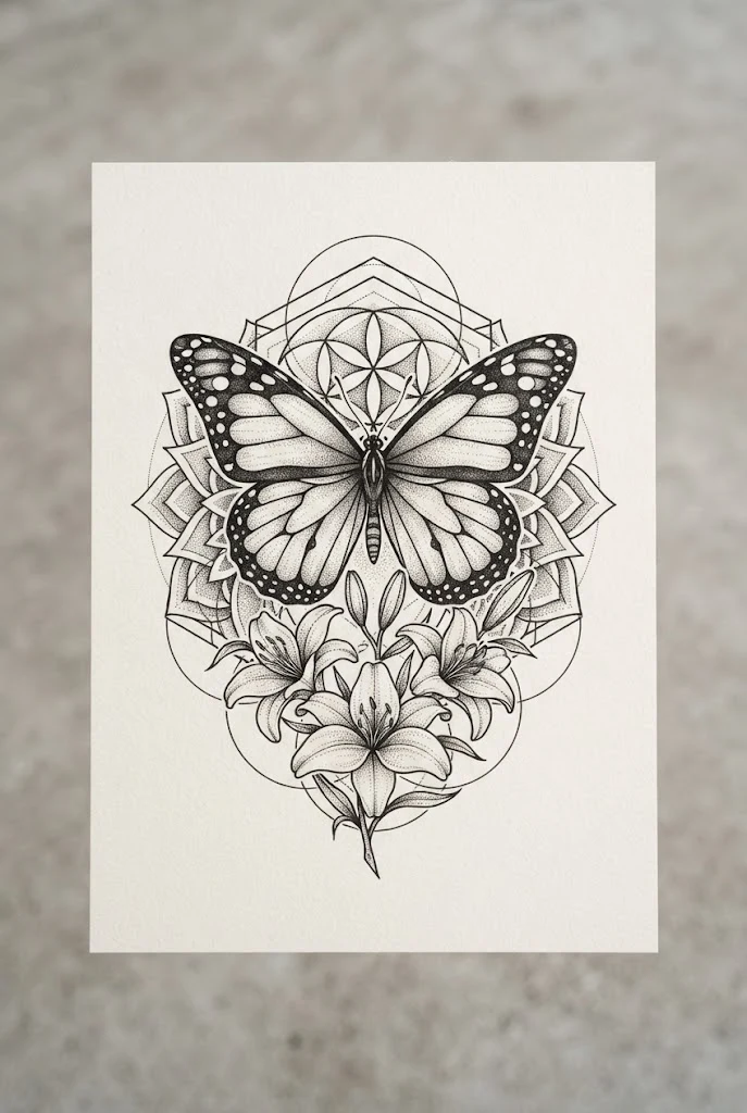 Geometric Sacred Geometry Fusion — lily and butterfly tattoo style outfit